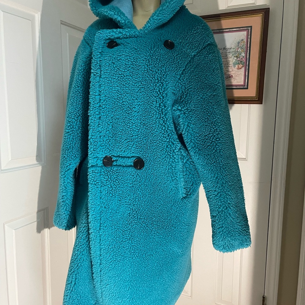 Women's Aqua/Blue Soft Hooded Sherpa Coat NWOT